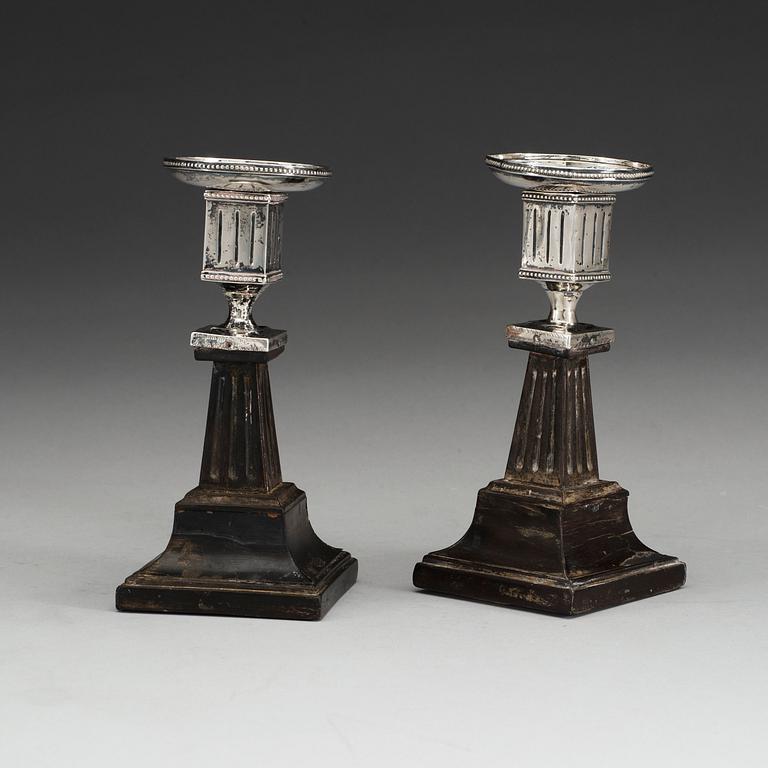 A pair of Swedish early 19th century silver and wood candlesticks, marks of Lorenz Georg Weis, Norrköping (1791-1829).
