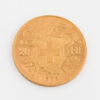 A 20 franc gold coin, Helvetia, 1922.