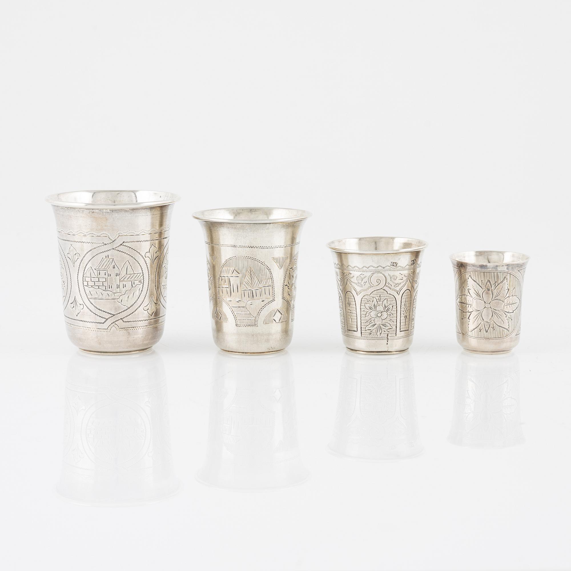 Bägare, 4 st, silver, Moskva 1860-80-tal, bl a V Sawinkow.