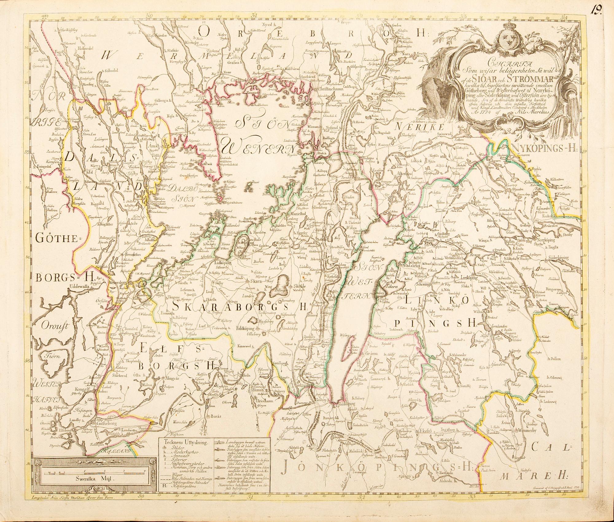 Nils Marelius, map of mid Swedens waterways before Göta Kanal, hand colored copper engraving, Stockholm 1774.
