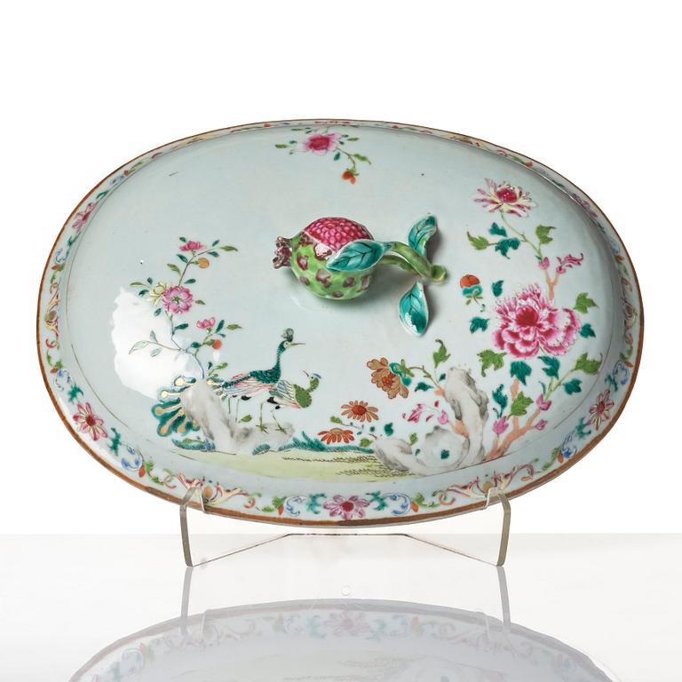 A famille rose 'double peacock' tureen with cover and stand. Qing dynasty, Qianlong (1736-95).