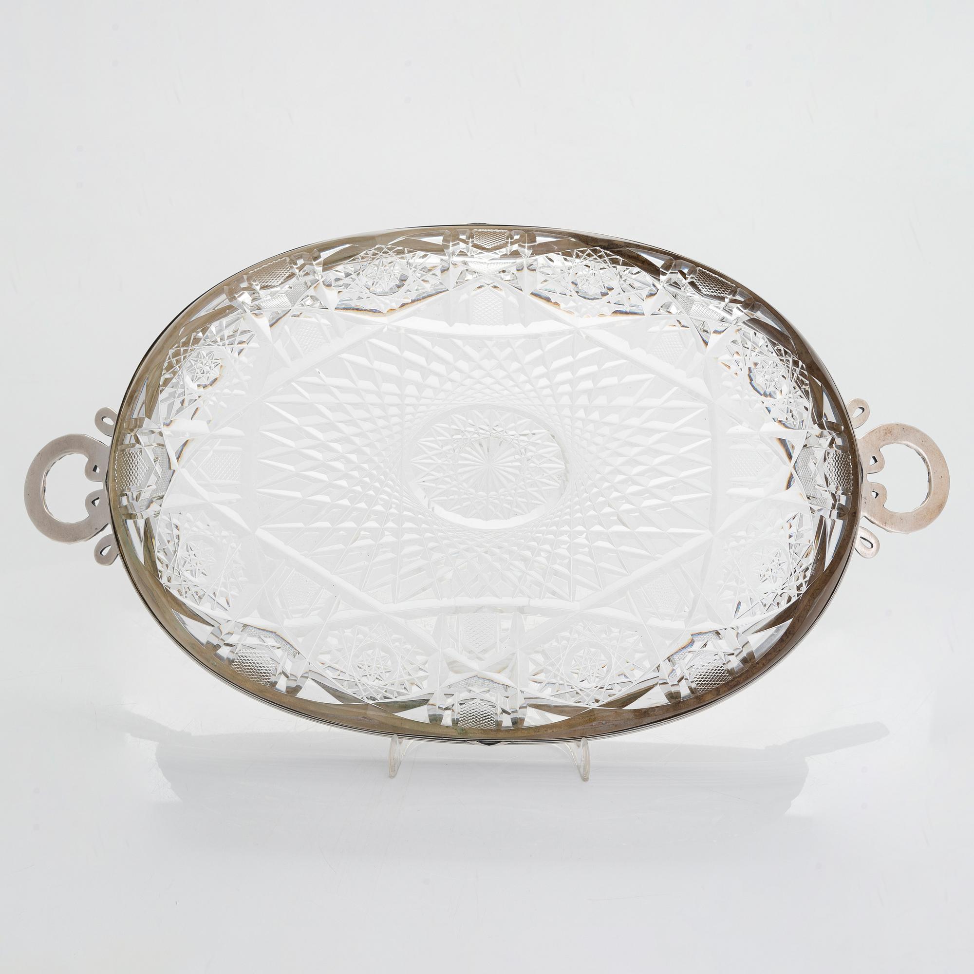 Fabergé, a silver-mounted cut glass serving dish, Imperial Warrant mark, Moscow 1908-1917.