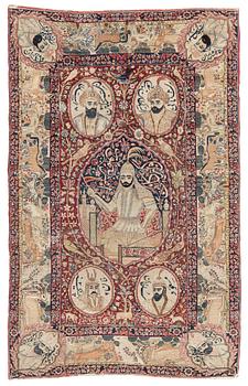 307. An antique pictoral Kerman Raver rug, c. 212 x 138 cm.