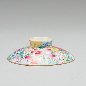 A set of six Chinese 'mille fiori' tea cups with covers and stands, and 12 small dishes, circa 1900.