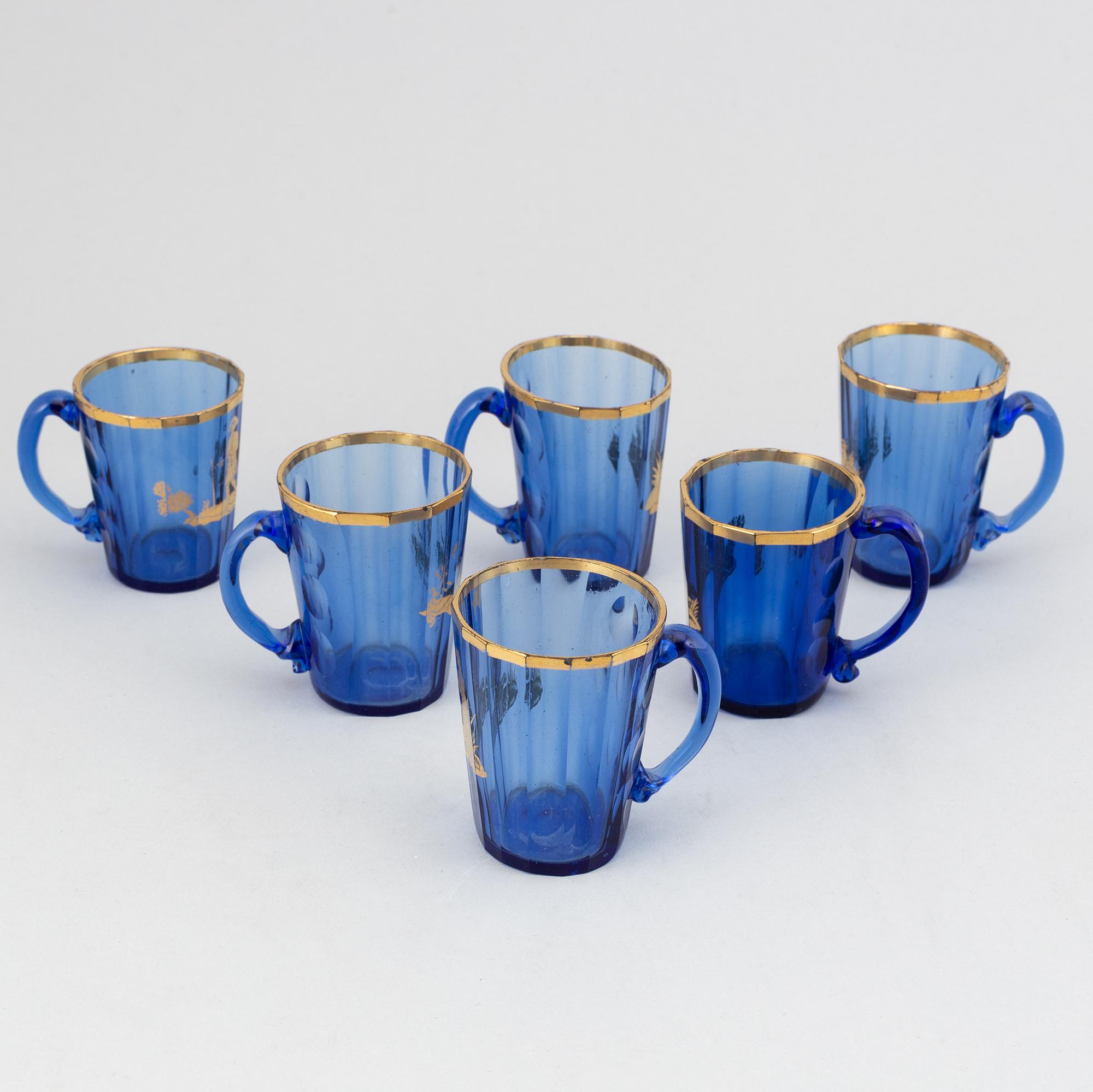 Teglas, 6 st, blått glas, gulddekor, tidigt 1900-tal.