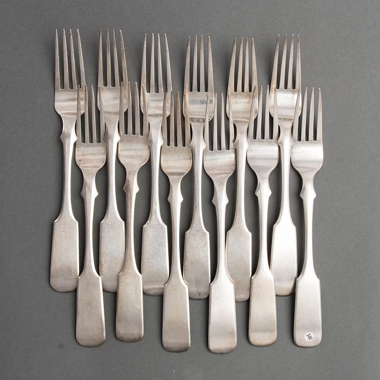 A set of twelve silver dinner forks from Dorpat, mark of Christian Nagel, 1858/1863, and C. Jürgens, 1856/1857.