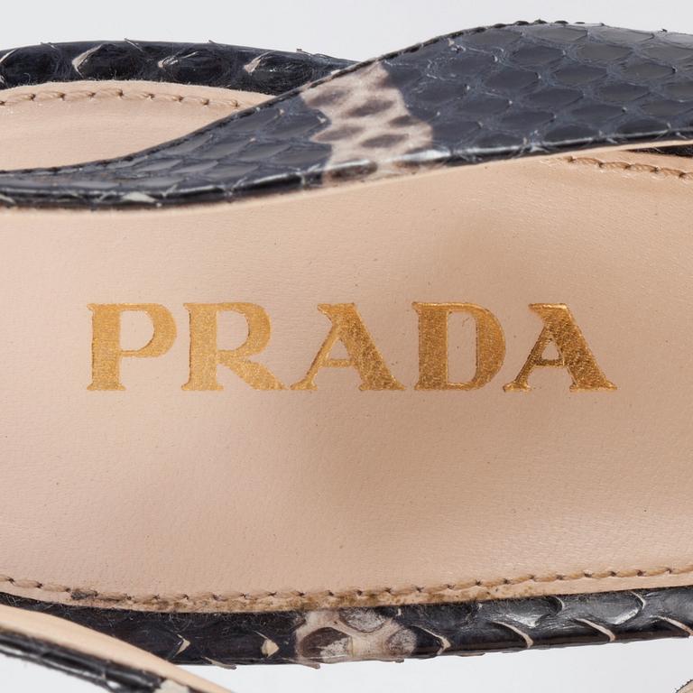 PRADA, a pair of gray snakeskin embossed leather sandals. Size 39.