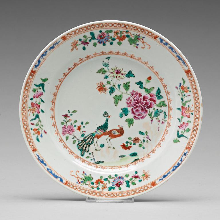 Six famille rose 'double peacock' plates, Qing dynasty, Qianlong (1736-95).