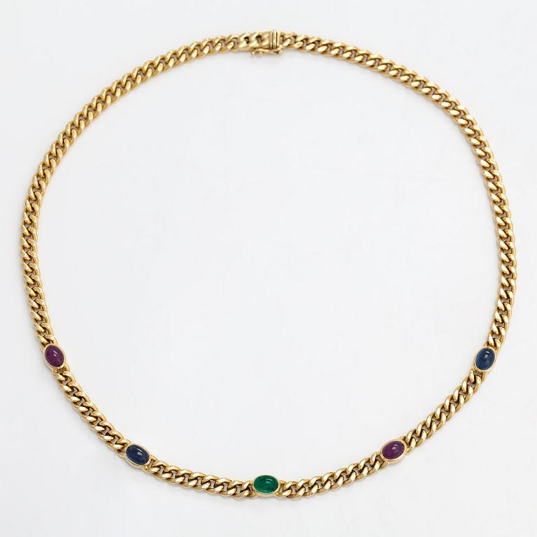 An 18K gold curb chain necklace, with cabochon-cut rubies, sapphires and emerald.