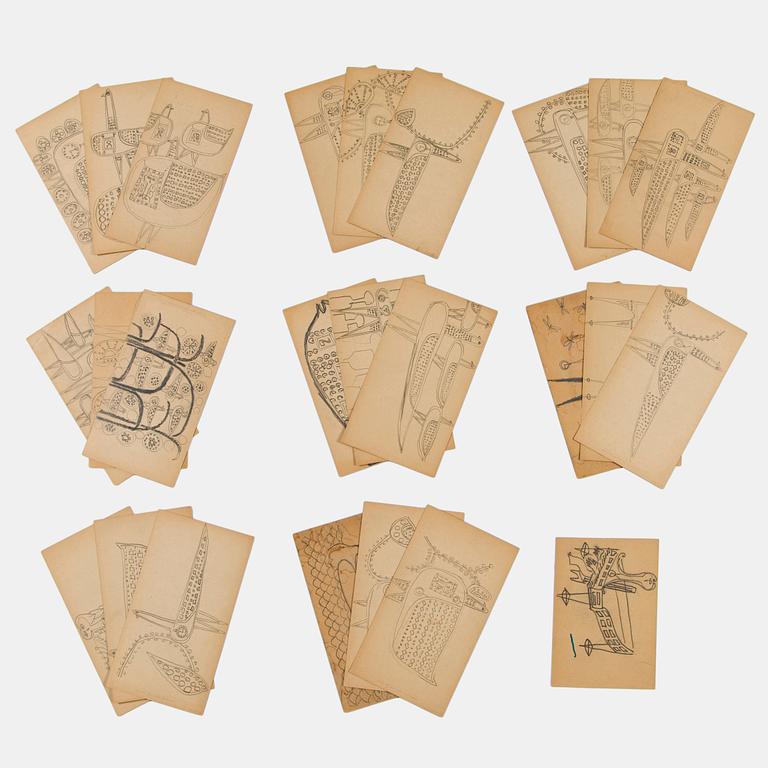 Birger Kaipiainen, kokoelma alkuperäisiä luonnoksia, 25 kpl, lyijykynä, Rörstrandin poissaolokorteille, 1954–1958.