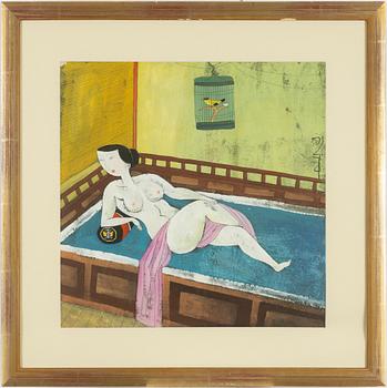 Hu Yonkai, attributed, Portrait of a woman with a bird in a cage.