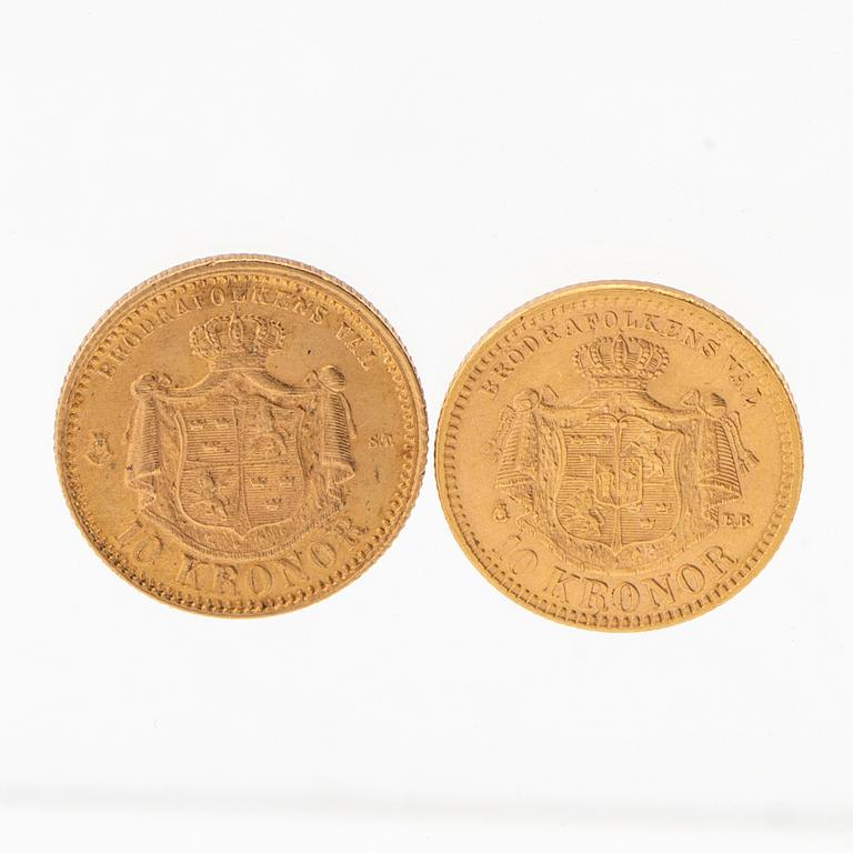 Gold coins, 2 pcs, 10 kronor Oscar II 1874 and 1901.