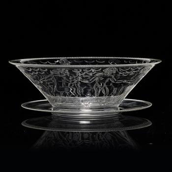 Edward Hald, an engraved glass bowl with plate, Orrefors, Sweden, 1926, model 305, engraved by Emil Goldmann.