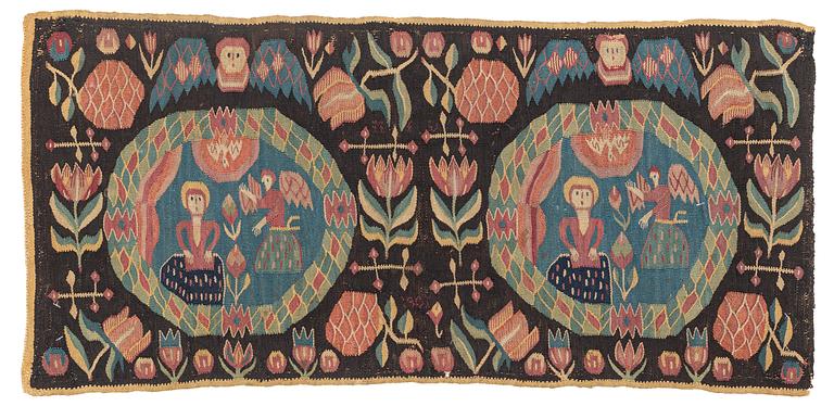 Åkdyna, "Bebådelsen", flamskväv, ca 98 x 45 cm, sydvästra, Skåne 1801, signerad MID.