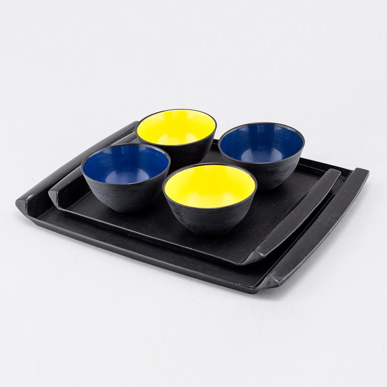 Four bowls designed by Sigvard Bernadote & Acton Bjørn and 2 trays by Carl Arne Breger, Husqvarna Borstfabrik, 1960/70s.