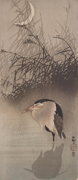 Ohara Koson, A colour wood block print by Ohara Koson, (1877-1945), 'Heron under moon' Japan.