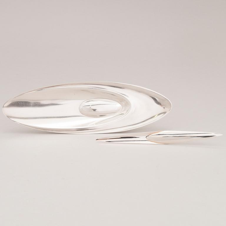 TAPIO WIRKKALA, A silver dish and a paper-knife, marked TW, Kultakeskus, Hämeenlinna, Finland 1967 and 1972.