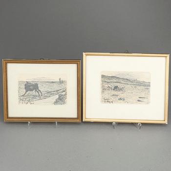 NILS KREUGER, tillskriven, 2 st, blandteknik på papper, osignerade, daterade 1906 och 1909.