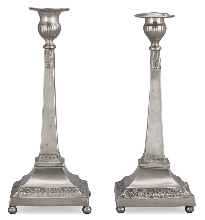 A pair of late Gustavian pewter candlesticks by P. H. Lundén.