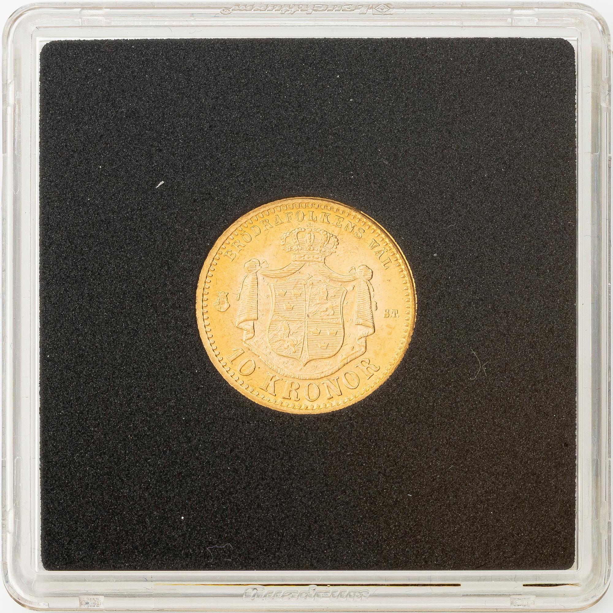 Guldmynt, Oscar II, 10 kronor, typ I, Sverige 1874.