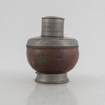 A Chinese pewter and wood tea caddie, early 20th century.