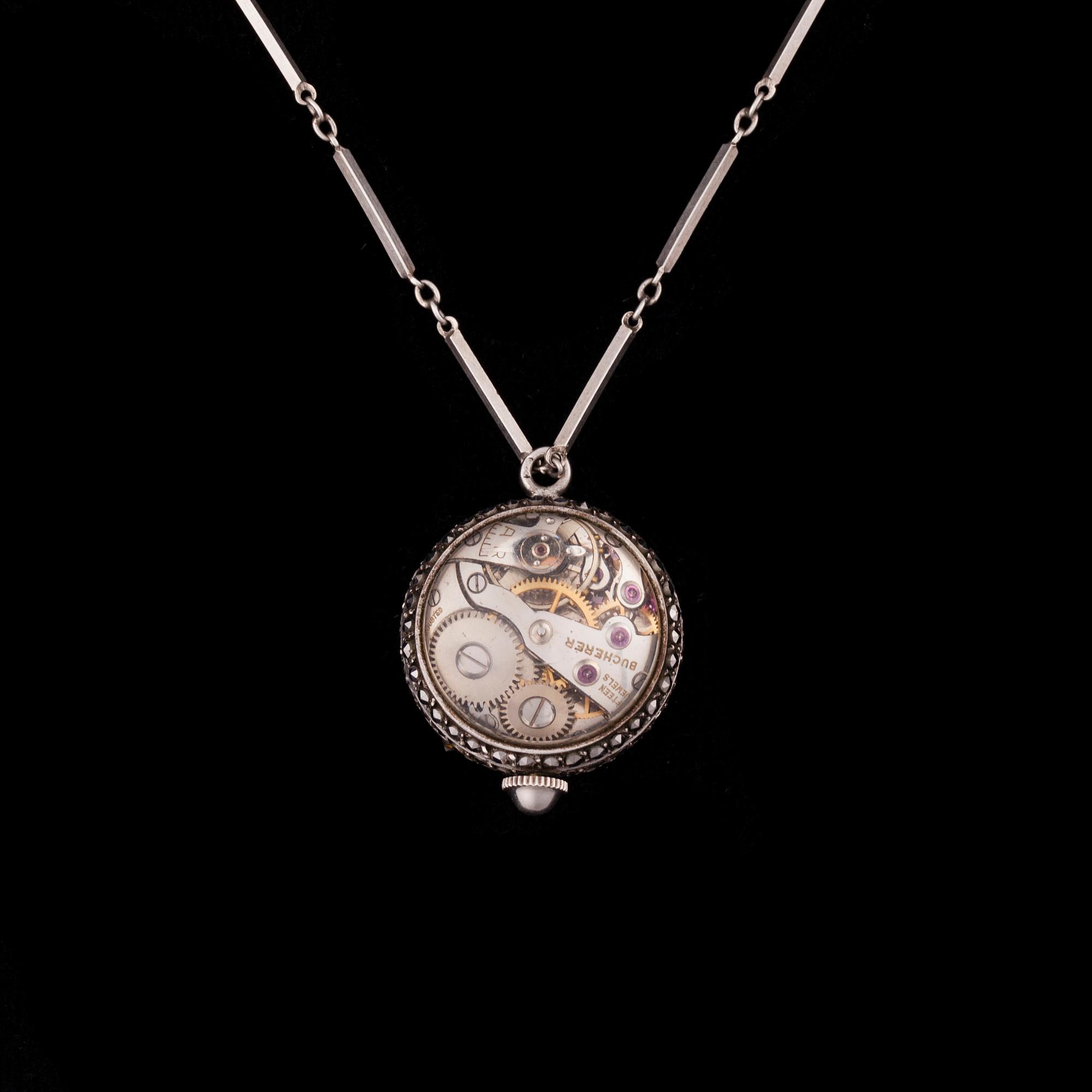 KAULAKELLO, naisten, Bucherer, hopeaketju. Sveitsi 1900-luvun alkupuoli.