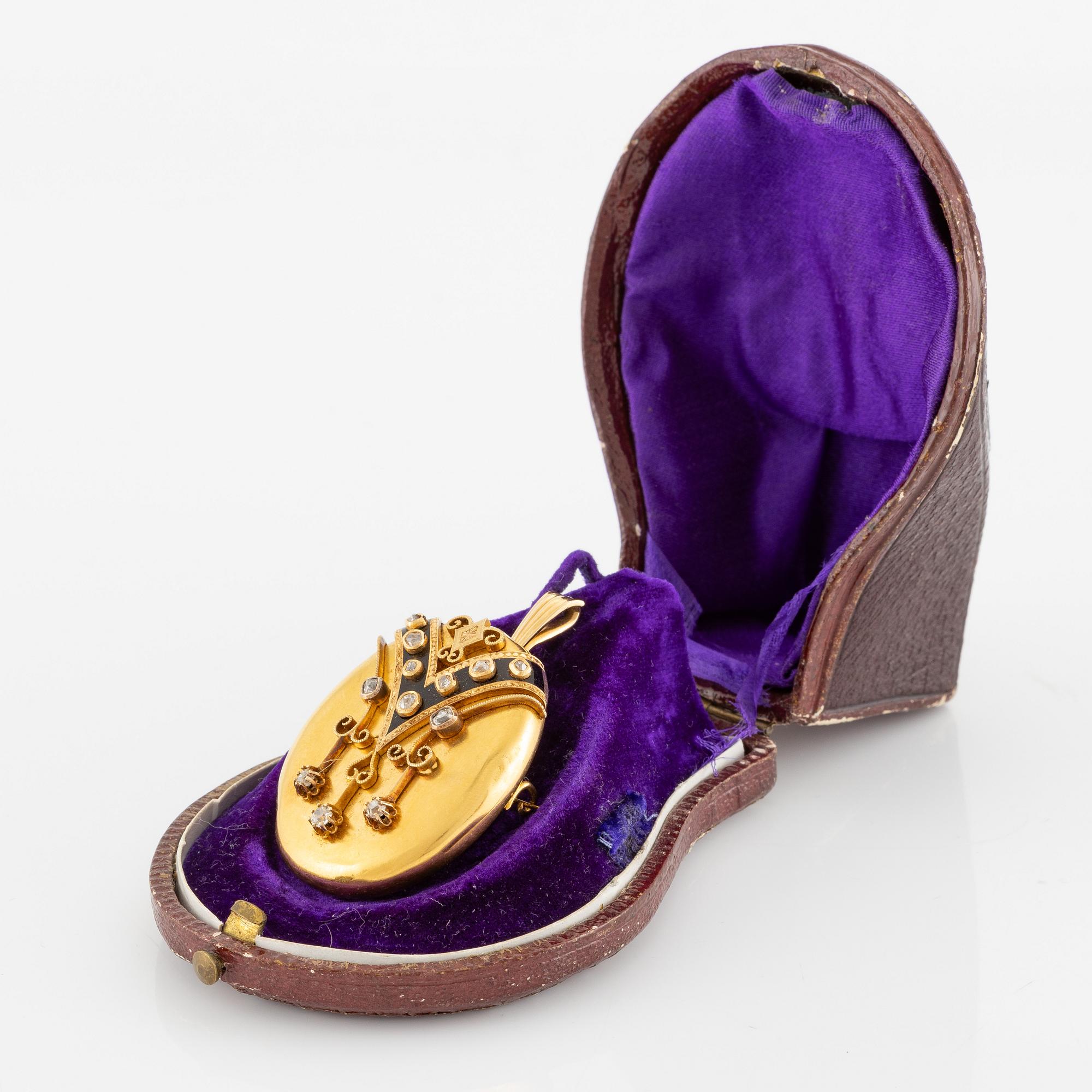 Medaljong/hänge 18K guld med emalj och gammalslipade diamanter.