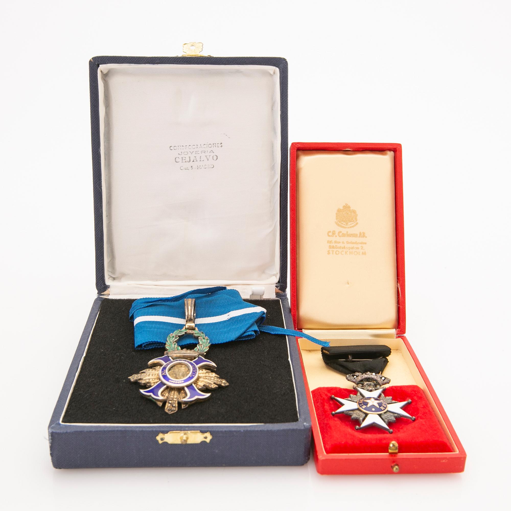 Two medals. The Royal Order of the Polar Star, Stockholm, and the Order of Civil Merit, Spain, 20th century.