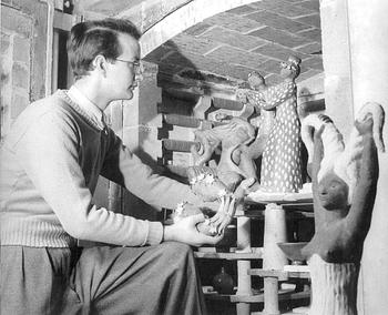 Stig Lindberg, skulptur "Narcissus", chamotterat stengods, Gustavsbergs studio 1940-tal.