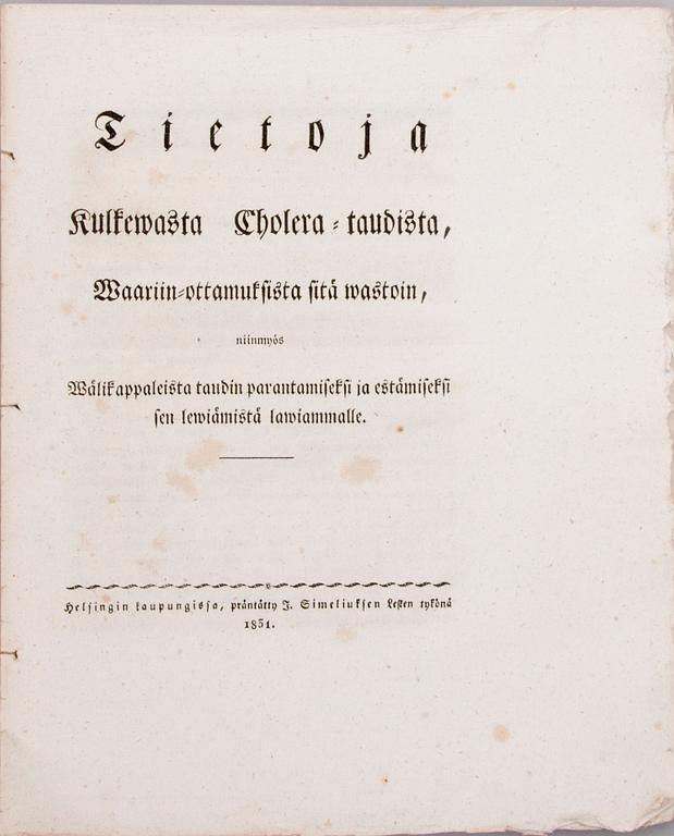 BÖCKER, 2 st, "Ny Lagsamling" R.M. Lindhs Boktryckeri, Örebro 1837 och 1850. HÄFTE, om Cholera, Helsingfors 1831.