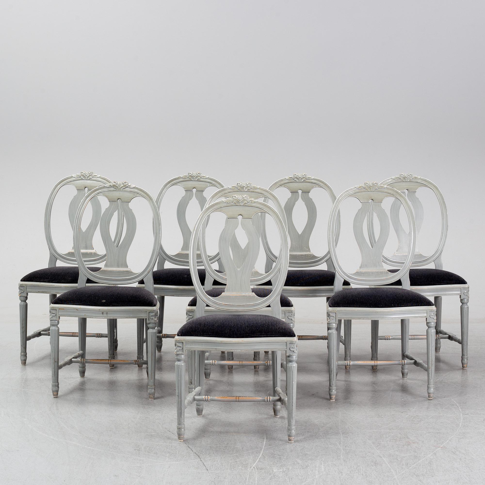 Eight second half of the 20th century Gustavian style chairs.