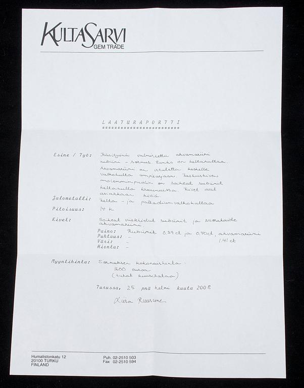 SORMUS, kultaa 14K, akvamariini 1,41 ct, 2 rubiinia 0,39 ct ja 0,40 ct. Kultasarvi, Turku 2008. Todistus.
