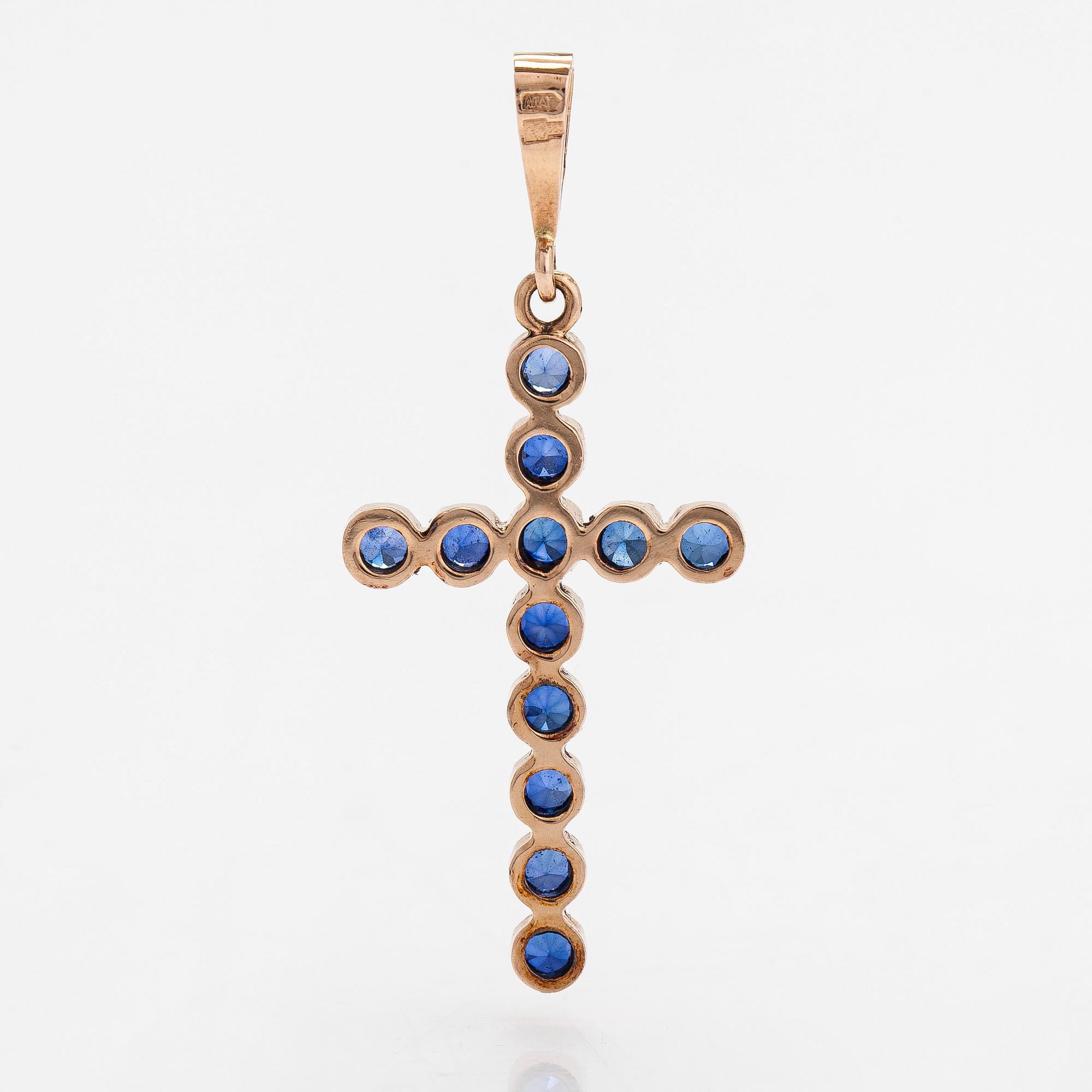 Hänge, kors, 14K guld med safirer. Ryssland, 2000-tal.