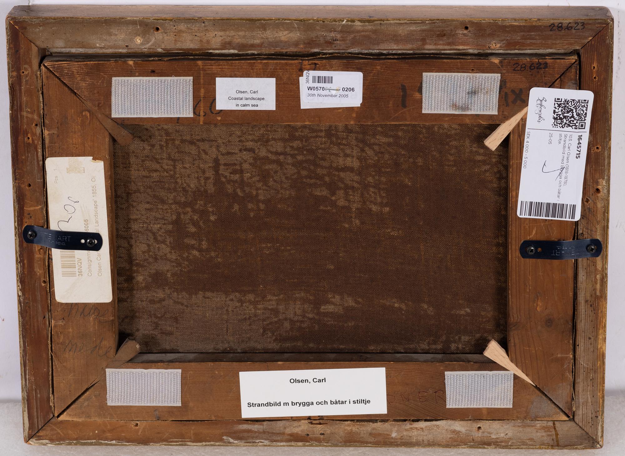 Carl Julius Emil Olsen, Coastal Scene with a Jetty and Boats in Calm Water.