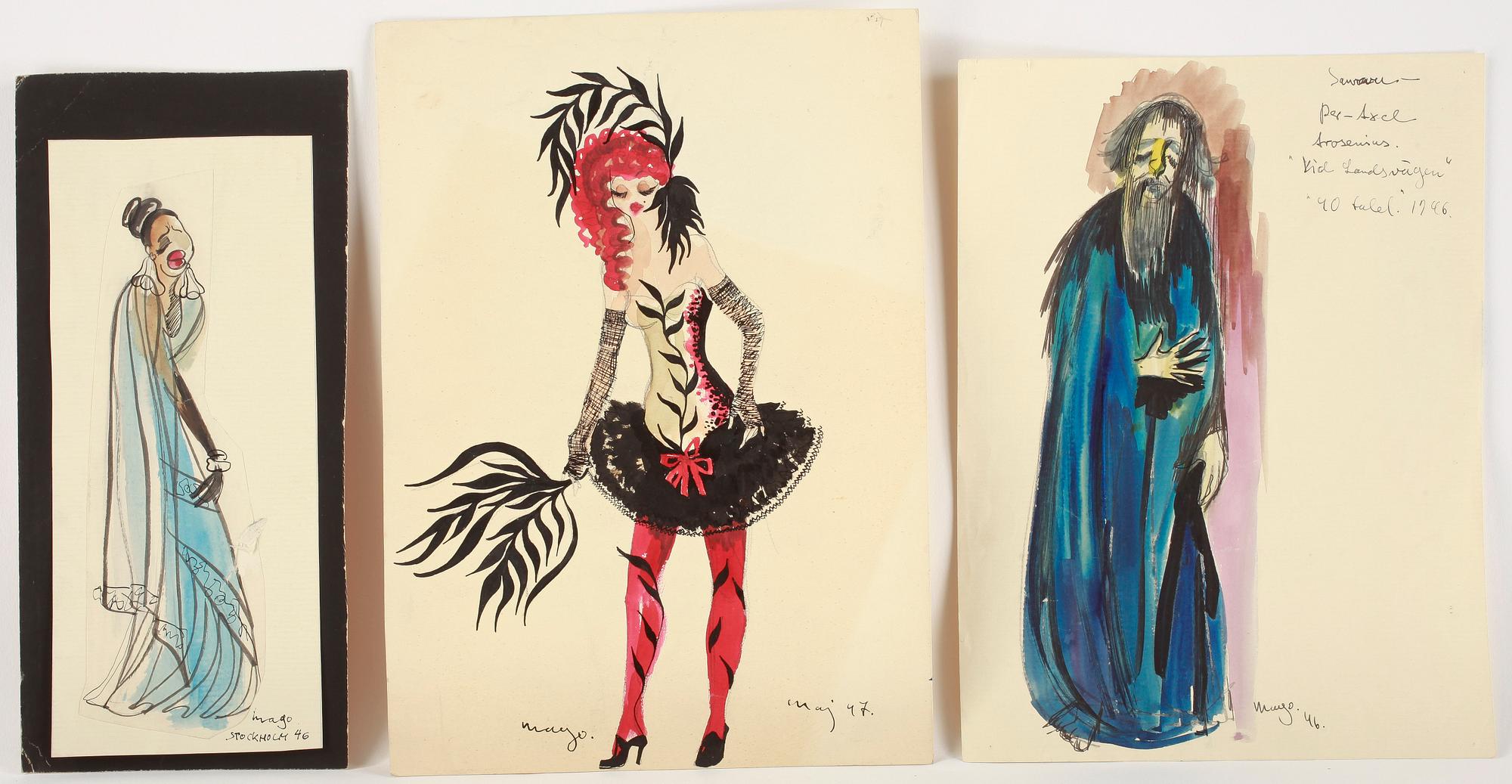 MAX GOLDSTEIN (MAGO), akvarellteckningar, kostymskisser och blyertsteckningar, ca 80 st, flertalet signerade o daterade.