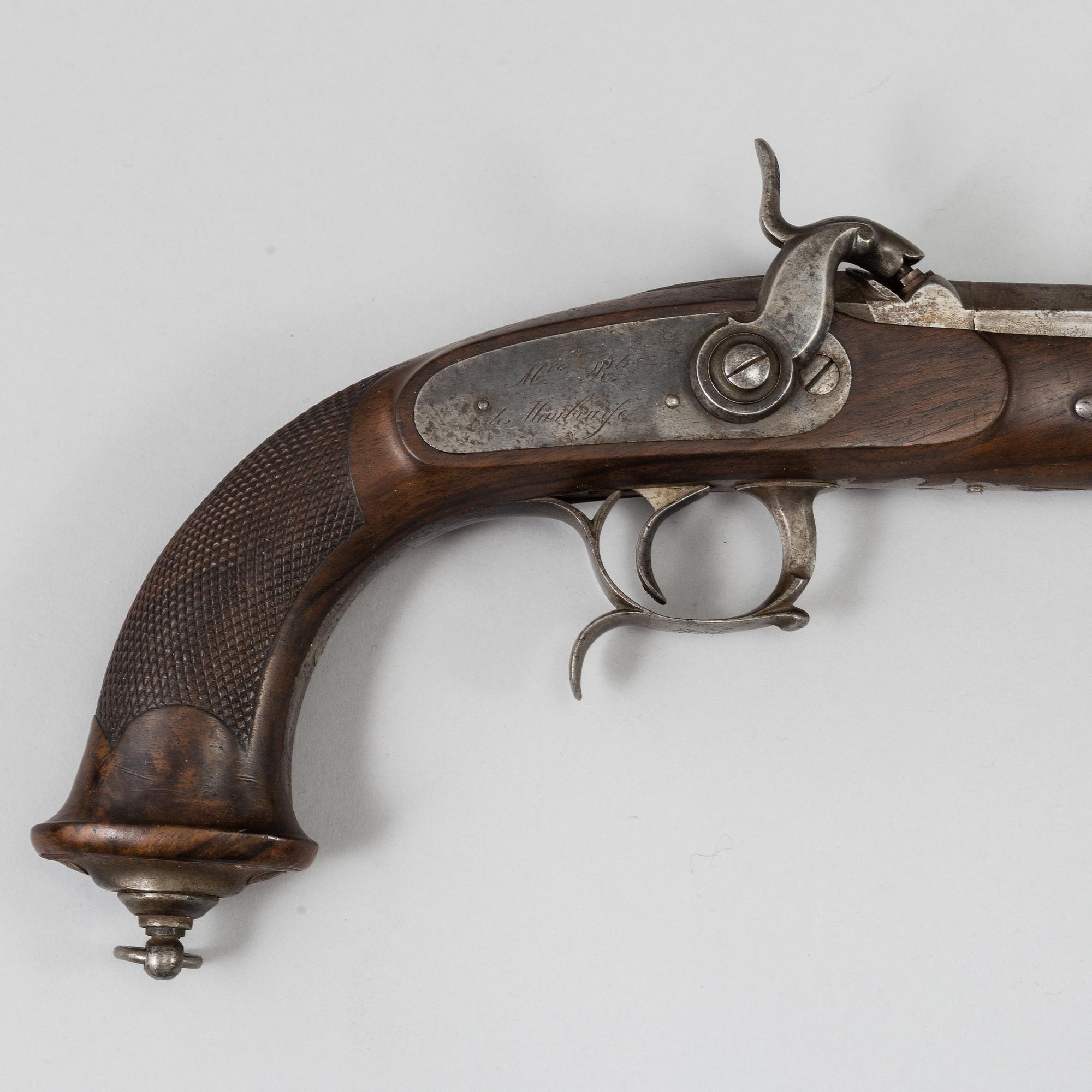 A 1840's French cased percussion pistols marked: Mre Rle de Maubeuge.