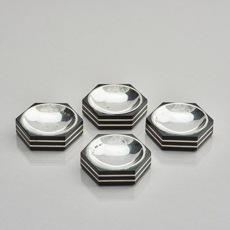Guldsmedsaktiebolaget (GAB), four silver and bakelite salt-cellars, design by Eric Pihlgren, Stockholm, Sweden 1938.