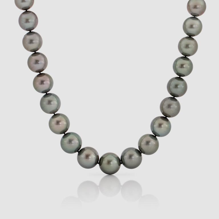 A cultured Tahiti pearl, 12-15.3 mm, and diamond necklace.