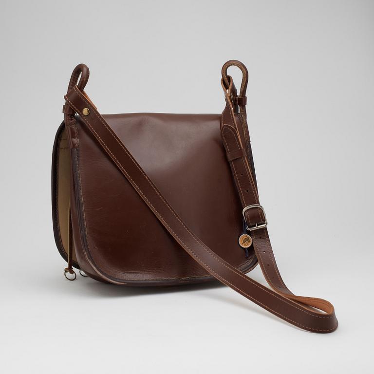 HUNTING BAG, brown leather and seal fur, 1960's.