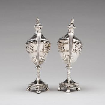 A pair of Swedish 18th century silver sugar-bowls and cover, mark of Pehr Zethelius, Stockholm 1799.