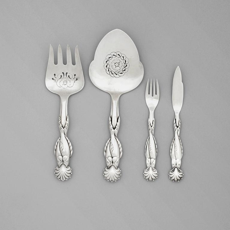 Georg Jensen, fiskbestick, 24 st med serveringsbestick, ett par, Köpenhamn, ca 1919-27,