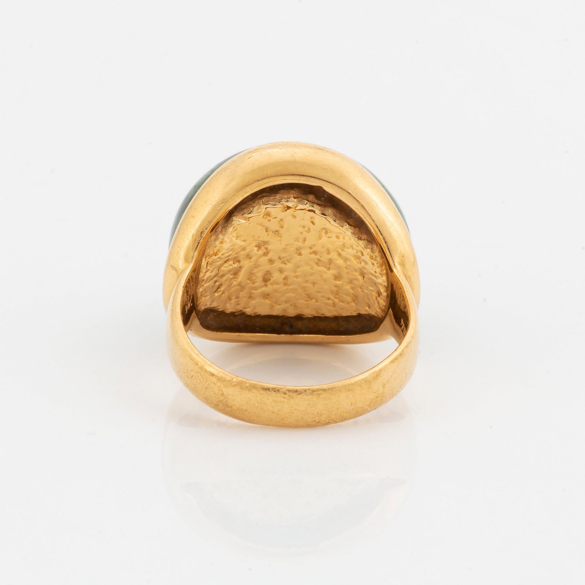 A Georg Jensen & Wendel ring in 18K gold set with a green and black stone.