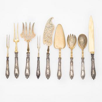 Serving cutlery, 9 pieces, silver, Rococo style, Germany, circa 1900.