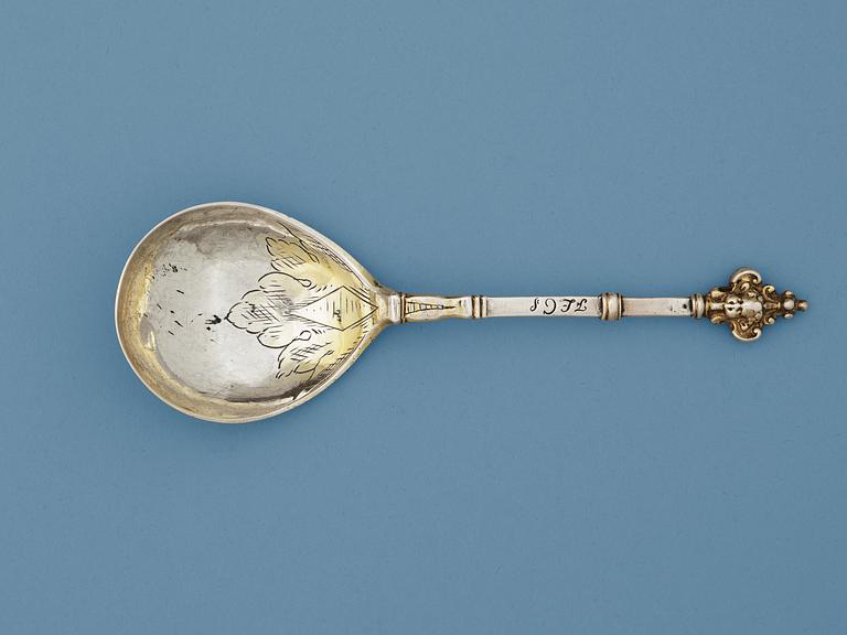A Swedish 17th century parcel-gilt spoon, makers mark of Jöns Ellerhusen, Stockholm 1691.