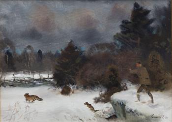 Lindorm Liljefors, Hunter and dog on a hunt.