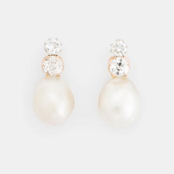 396. A pair of 18K gold and pearl earrings set with old-cut diamonds.