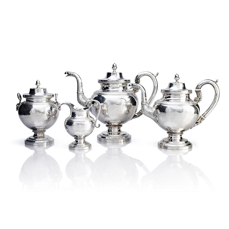 A four-piece silver tea and coffee service, marks of John McMullin, Philadelphia, circa 1820.