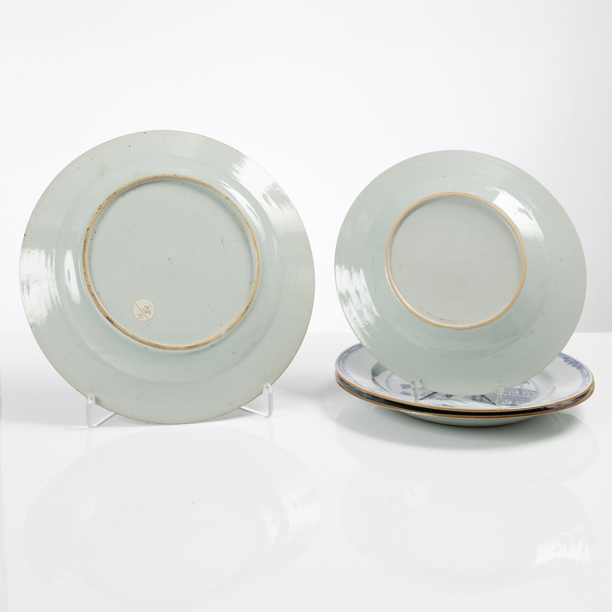 A set of one Chinese blue and white export porcelain dish and three plates, Qing dynasty, Qianlong (1736-95).