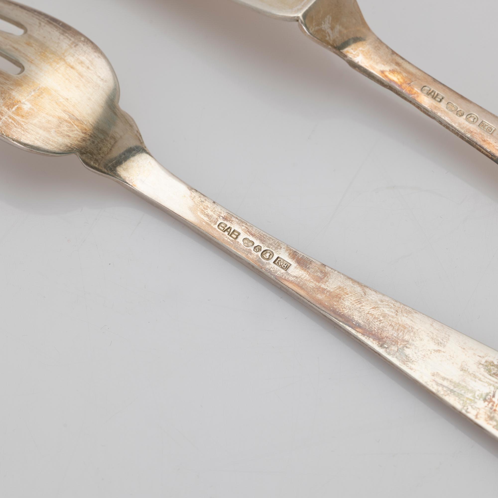 Jacob Ängman, fiskbestick, 24 delar, silver, modell Rosenholm, GAB, Stockholm, 1936.