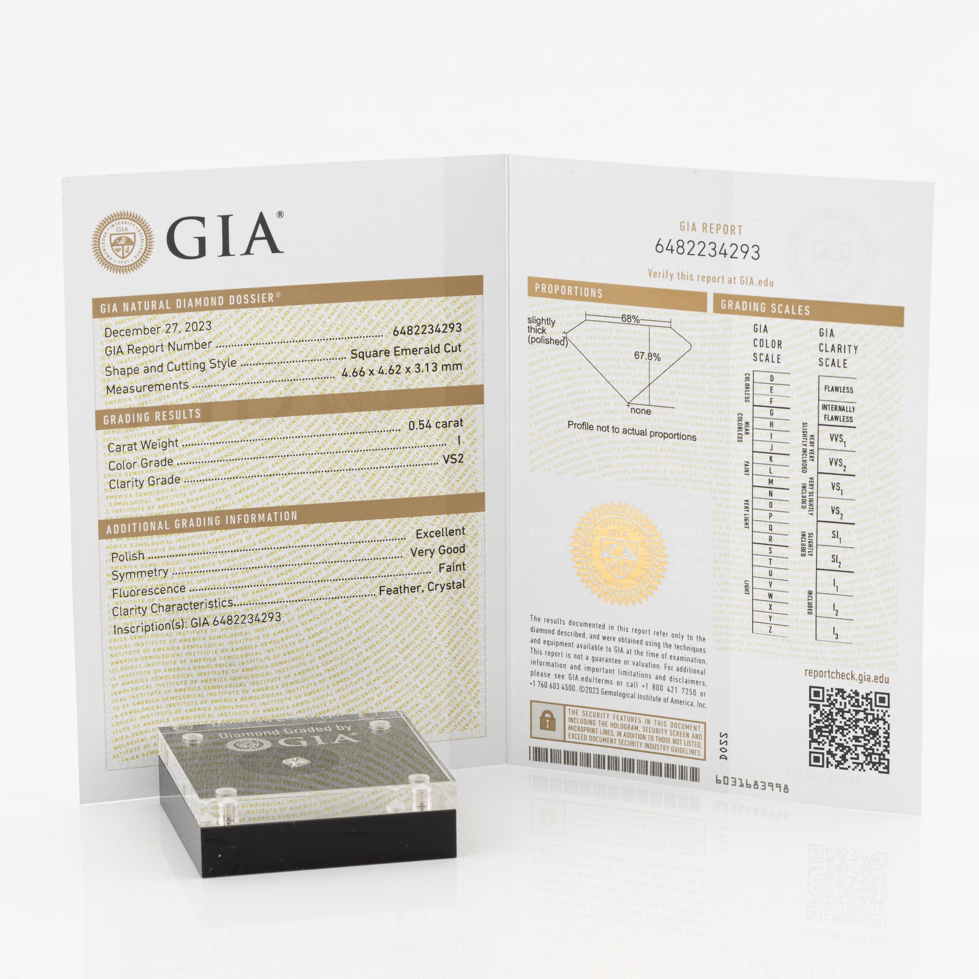Smaragdslipad diamant, 0.54 ct, medföljande GIA dossier.